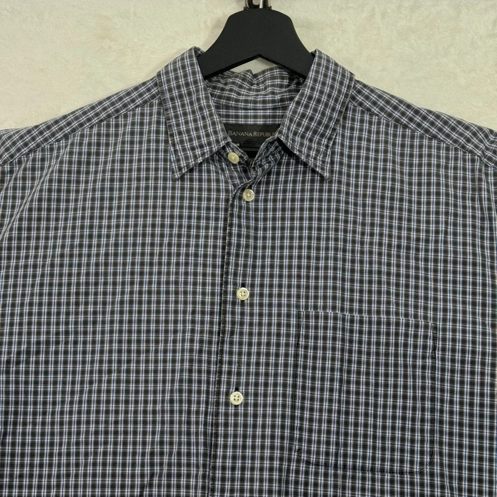 Banana Republic Shirt Mens Large Navy Blue Plaid Button Down Long Sleeve Cotton‎